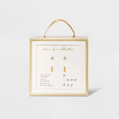 14K Gold Plated Cubic Zirconia And Bar Stud Duo Earrings - A New Day™ 4 14K Gold Plated Cubic Zirconia And Bar Stud Duo Earrings - A New Day™ - Image 2