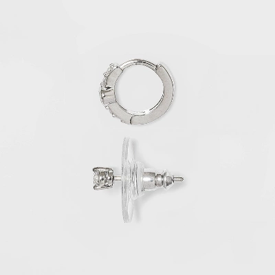Sterling Silver Cubic Zirconia Stud And Huggie Hoop Trio Earring Set - A New Day™ 3 Sterling Silver Cubic Zirconia Stud And Huggie Hoop Trio Earring Set - A New Day™