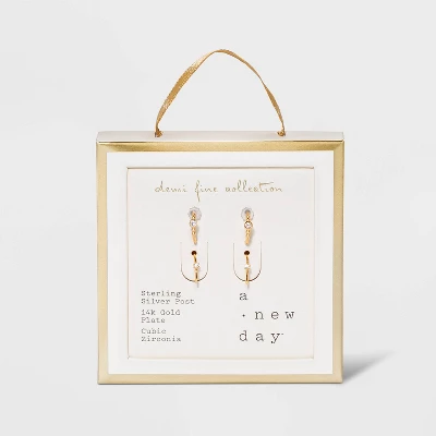 14K Gold Plated Beaded Hoop Cubic Zirconia Earring Set 2pc - A New Day™ 4 14K Gold Plated Beaded Hoop Cubic Zirconia Earring Set 2pc - A New Day™ - Image 2